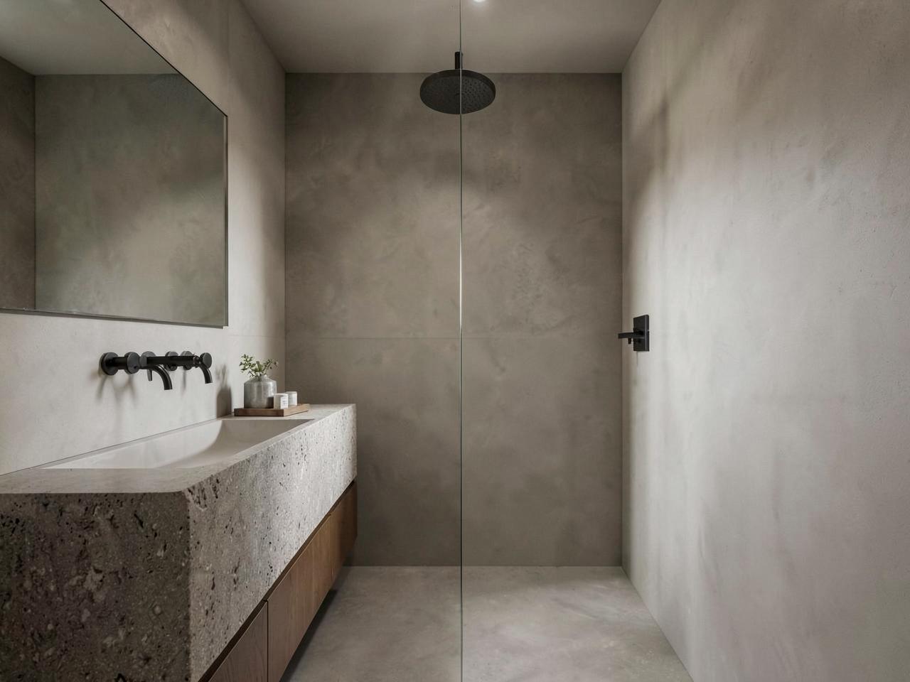Finished bathroom remodel with stone vanity and walk-in shower