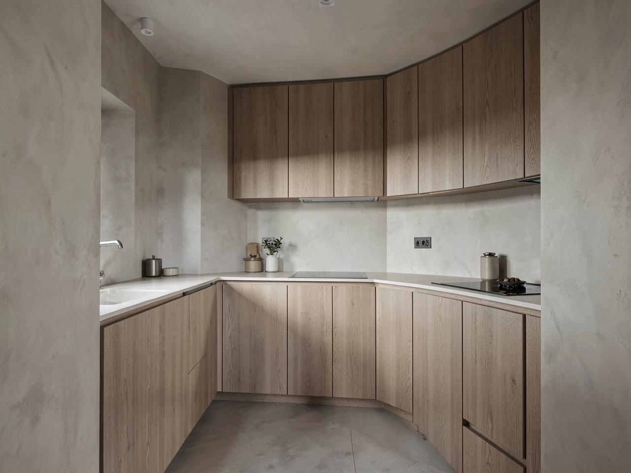 Finished kitchen remodel with oak cabinetry and plaster walls